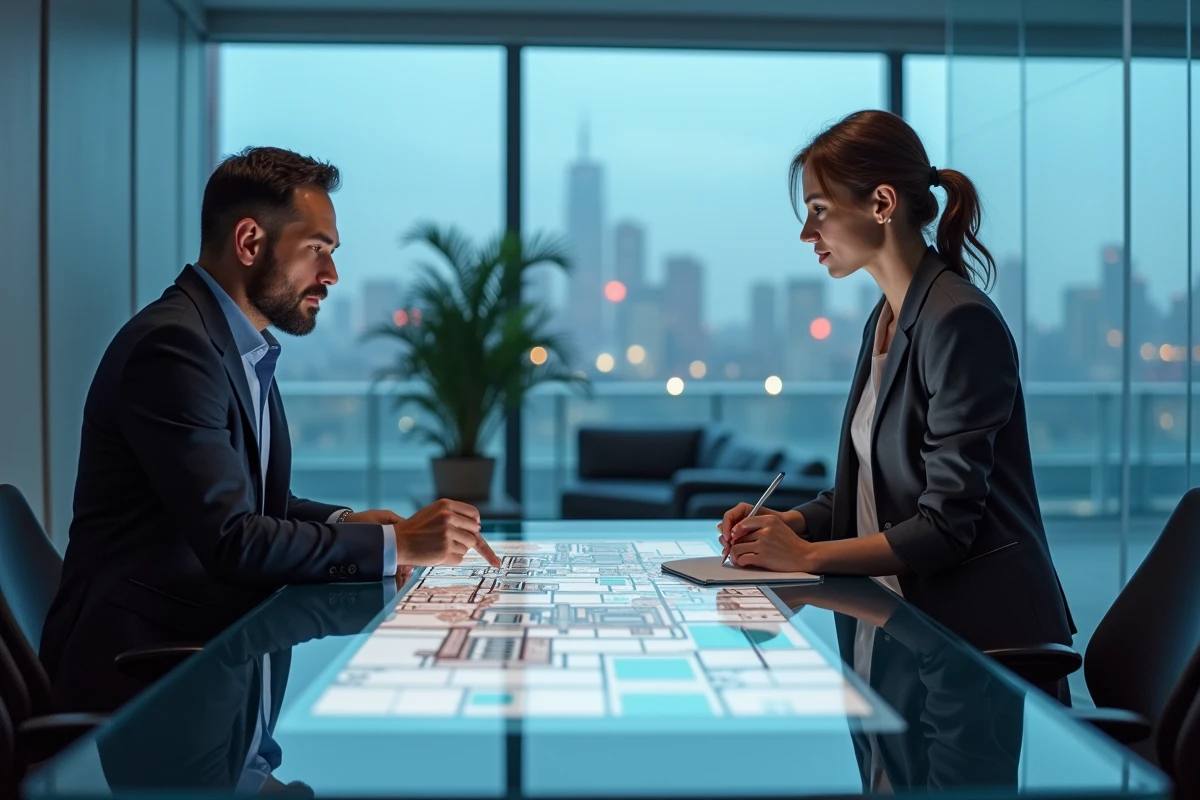 Deux professionnels discutant d'un modèle BIM sur une table tactile en salle de réunion, évaluant la pertinence et la confiance accordée aux outils BIM en 2026