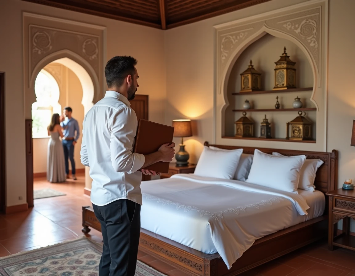 Agent immobilier présentant une chambre de riad en vente à des investisseurs pour un projet de location touristique au Maroc