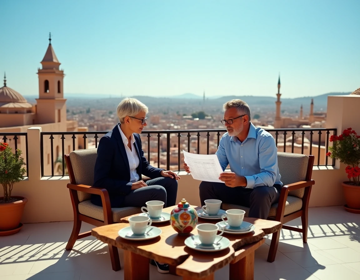 Propriétaires analysant la rentabilité locative d'un riad sur une terrasse avec vue sur la médina marocaine