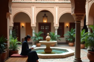 Femme d'affaires consultant des documents financiers dans la cour intérieure d'un riad marocain à vendre pour location touristique