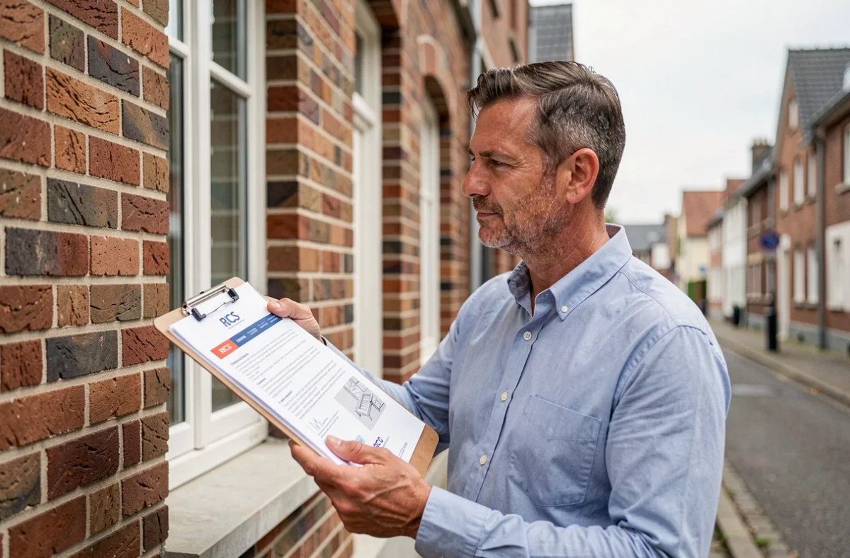 Expert immobilier certifié RICS inspectant une propriété en briques dans une rue résidentielle des Hauts-de-France