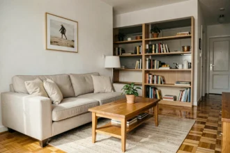 Salon meublé pour location résidence principale avec canapé, table basse et bibliothèque complète