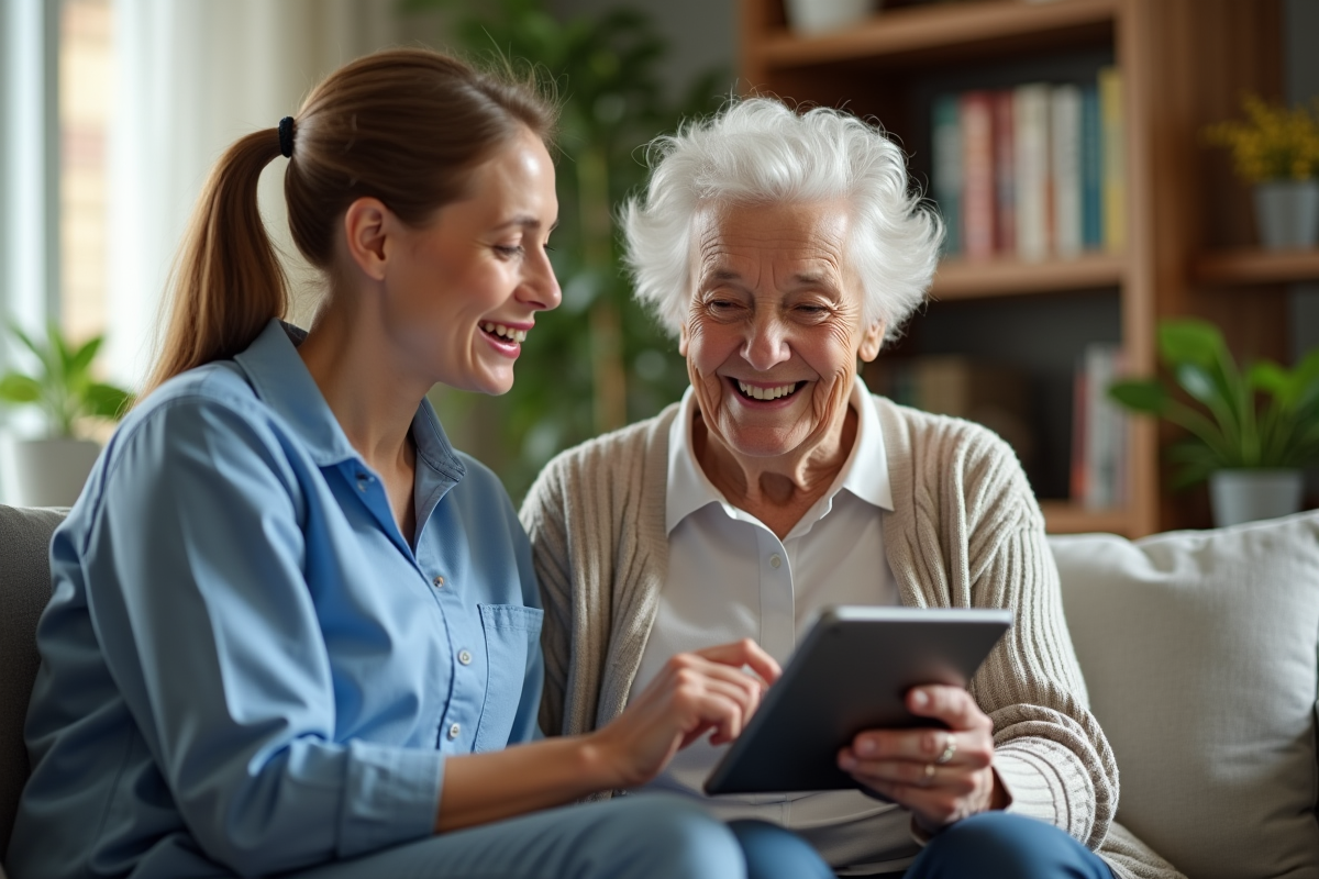Senioreuse aidée par un professionnel avec une tablette