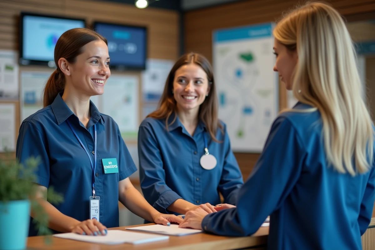 Jeune femme aidant un client au guichet Enedis intérieur