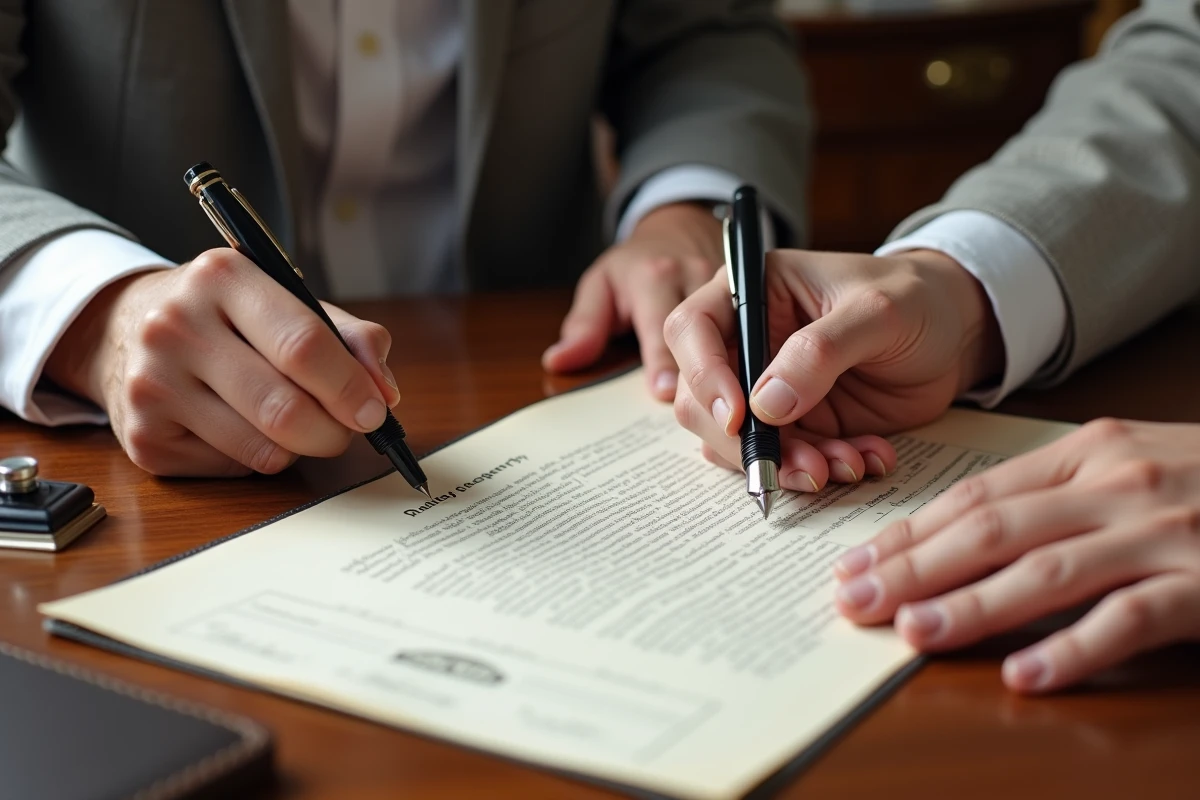 Signature d'un acte de vente immobilière chez un notaire à Limoges avec un stylo plume