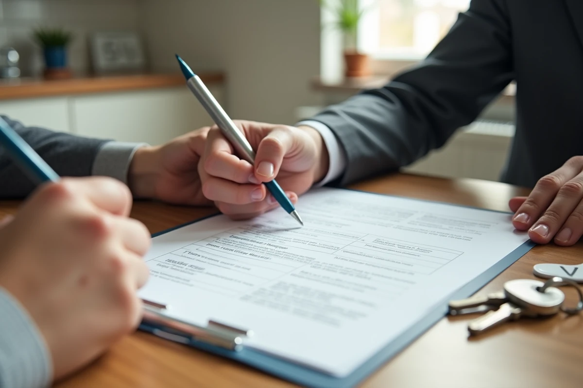 Mains s'apprêtant à signer un contrat de bail locatif avec une garantie Visale et des clés d'appartement posées sur la table