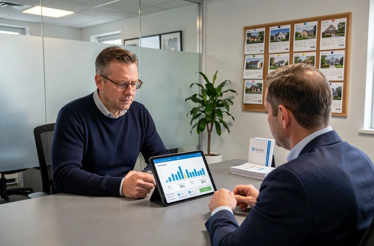 Client et agent immobilier consultant un simulateur de frais sur tablette en agence