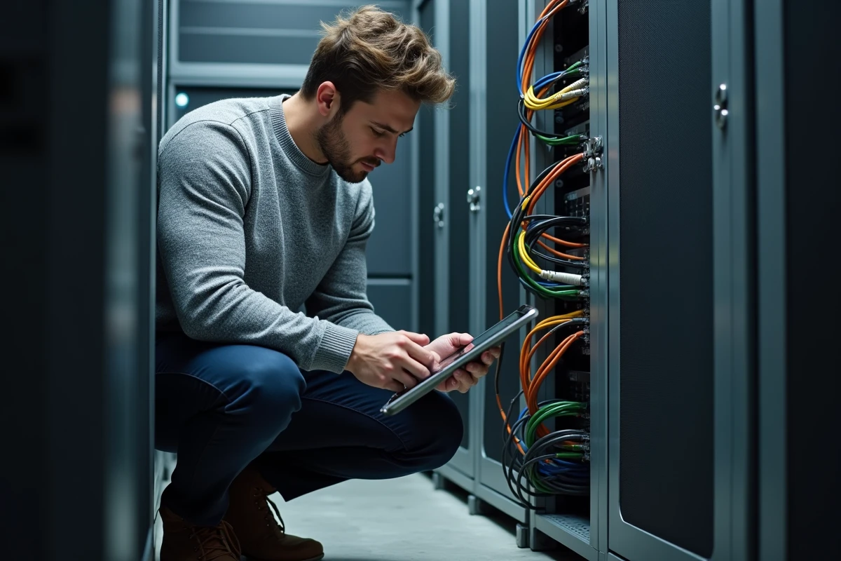 Technicien réseau branchant un câble ethernet dans une salle serveur pour résoudre un problème de connexion intranet