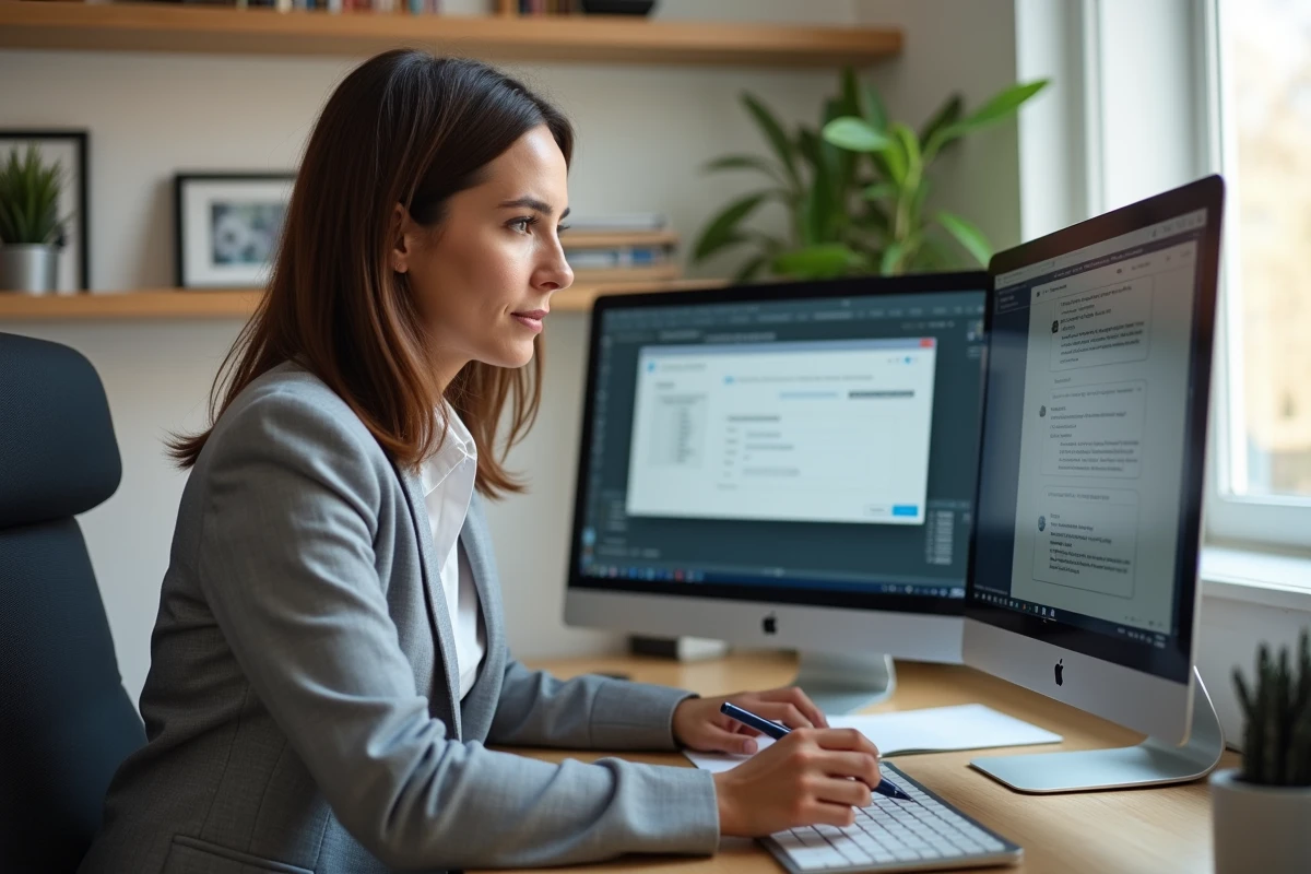 Femme en télétravail résolvant un problème d'accès à un intranet bloqué depuis son bureau à domicile