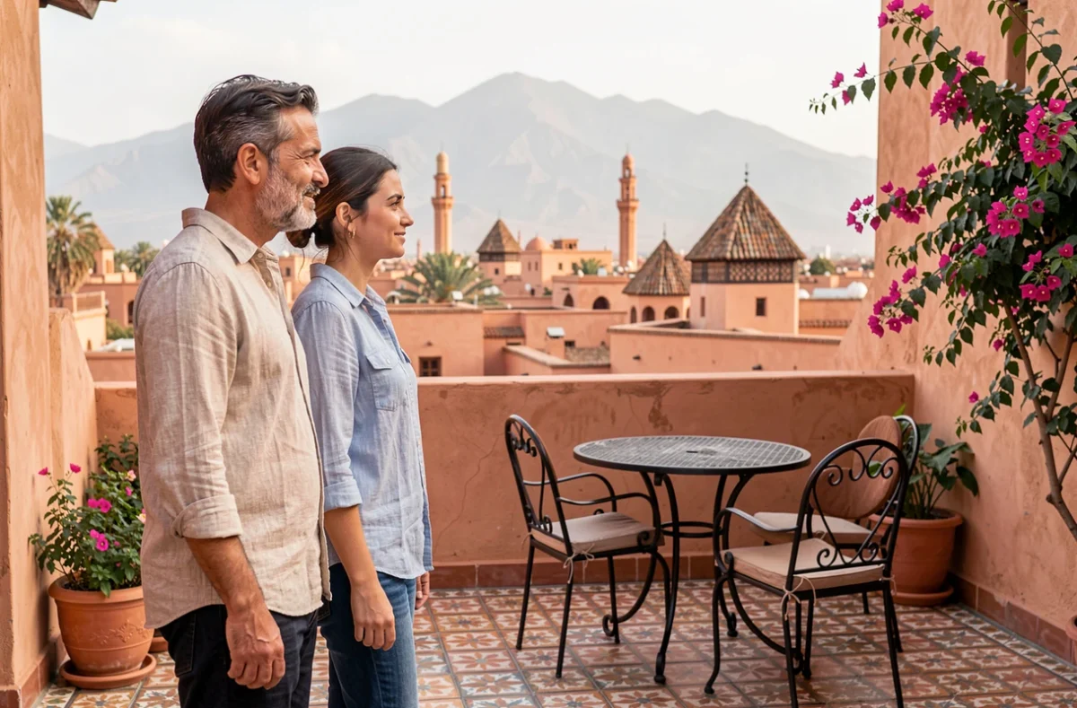 Couple visitant une terrasse d'appartement à vendre à Marrakech avec vue sur les toits de la médina