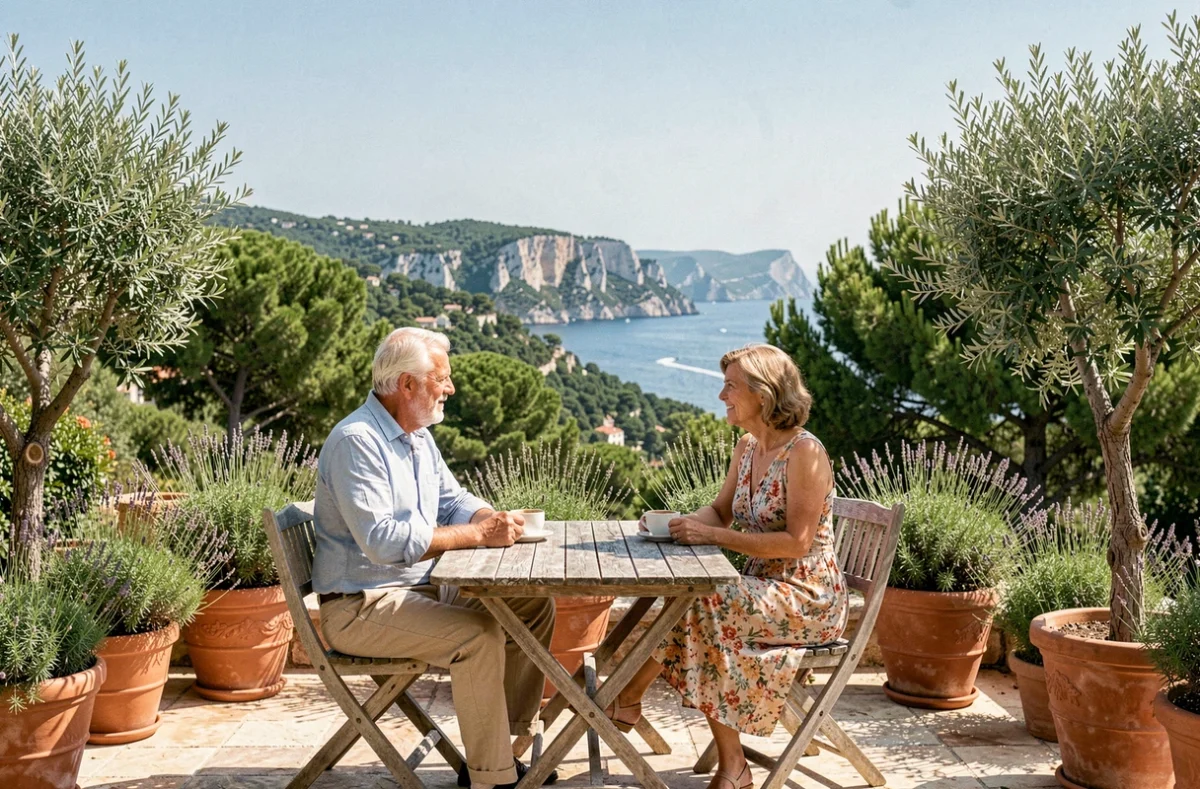 Couple profitant d'une terrasse verdoyante avec vue sur les collines des quartiers sud de Marseille