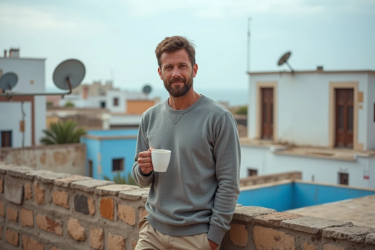 Homme prenant son café sur une terrasse de toit à Essaouira avec vue sur la médina et l'océan Atlantique en location longue durée