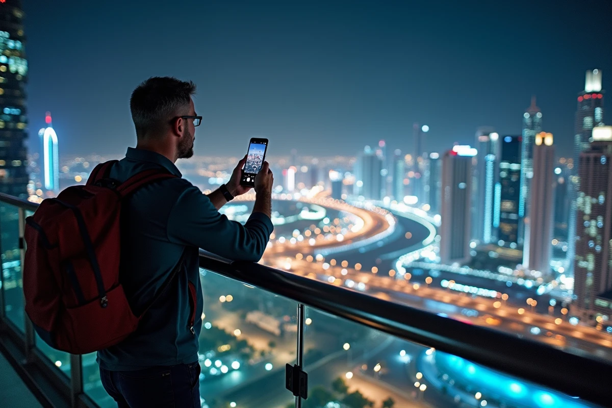 Touriste regardant la skyline de Dubai depuis un rooftop