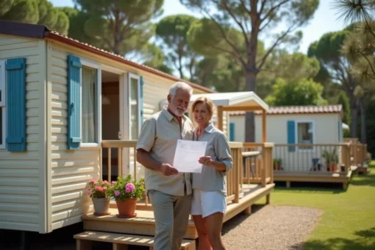 Couple examinant une annonce de vente de mobil-home d'occasion dans un camping ouvert à l'année en région méditerranéenne