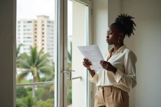 Femme examinant un contrat de location d'appartement à Abidjan avant de signer