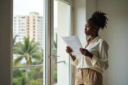 Femme examinant un contrat de location d'appartement à Abidjan avant de signer