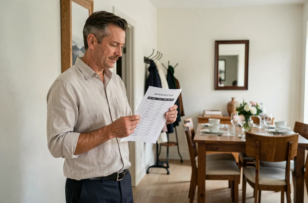 Propriétaire vérifiant la liste de mobilier obligatoire pour une location meublée avec inventaire imprimé