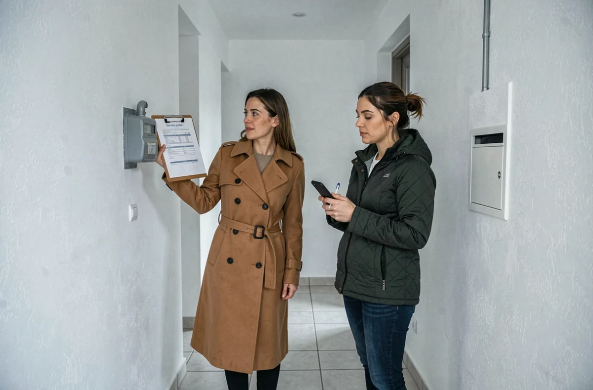 Agent immobilier présentant les charges locatives et le compteur électrique à une future locataire lors d'une visite d'appartement